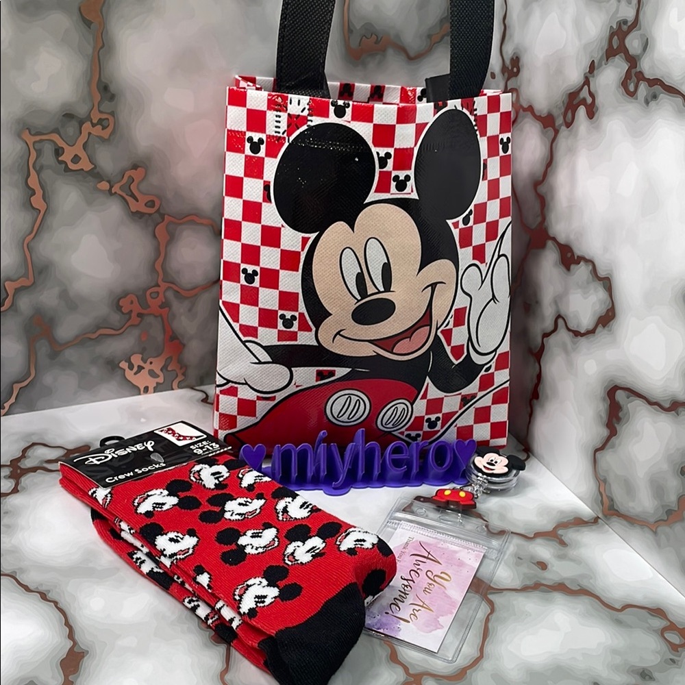Disney Mickey Mouse 3‑Piece Set • Checkered Mini Tote + Crew Socks + Lanyard NWT